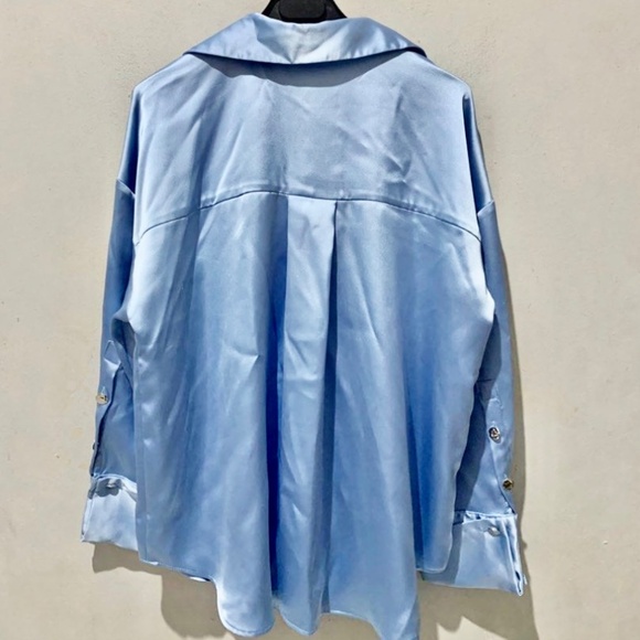 NEW WITH TAGS! ZARA SATIN POWDER BLUE DROP-SHOULDER SHIRT - Picture 4 of 4